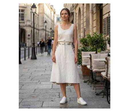 MAYFLOWER PF334 - Jupe longue ample pour femme : le charme d'un imprimé fleuri kaki et blanc