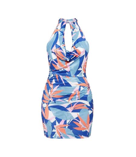 Womens/ladies Slinky Abstract Halter Neck Mini Dress Blue Multicoloured Missy Empire