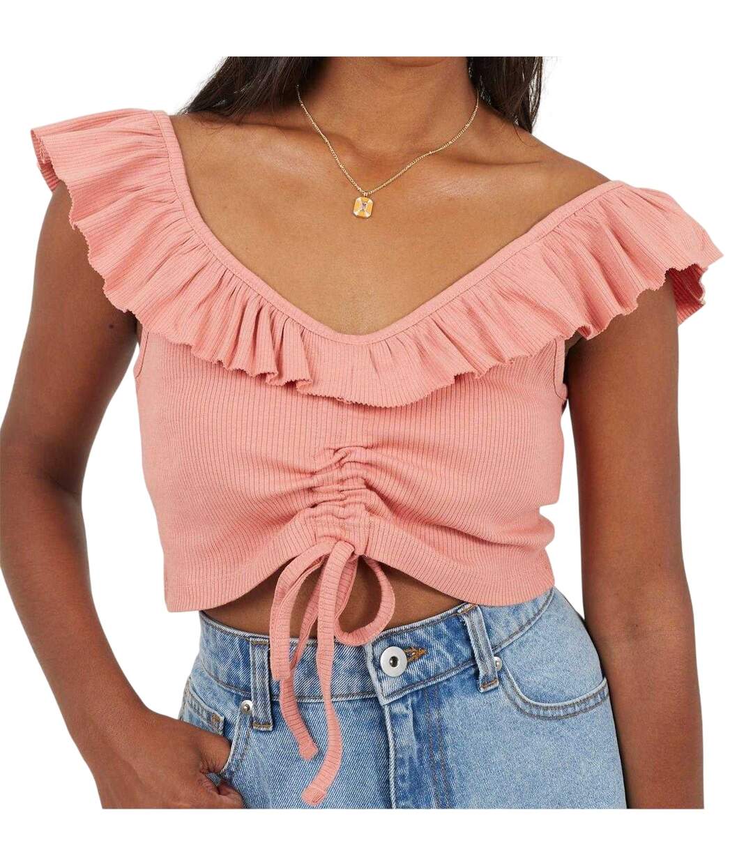 Womens/ladies Frill Cropped Vest Top Salmon Brave Soul-2