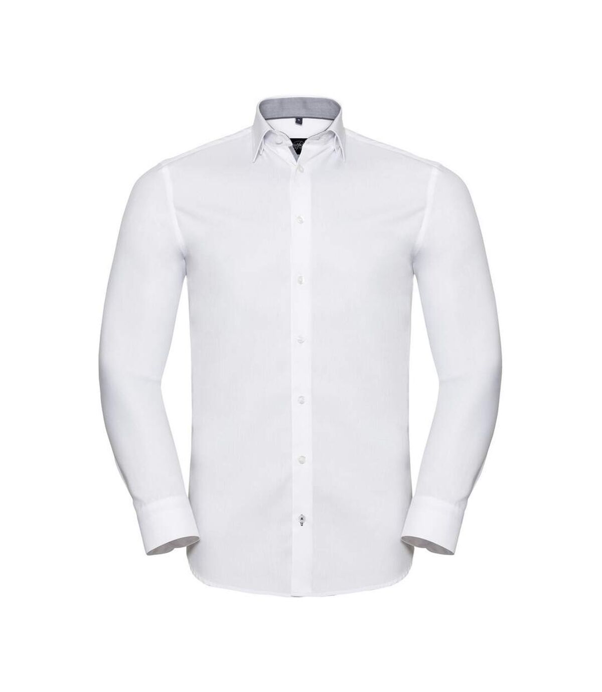 Russell Collection Mens Long Sleeve Contrast Herringbone Shirt (White/Silver)