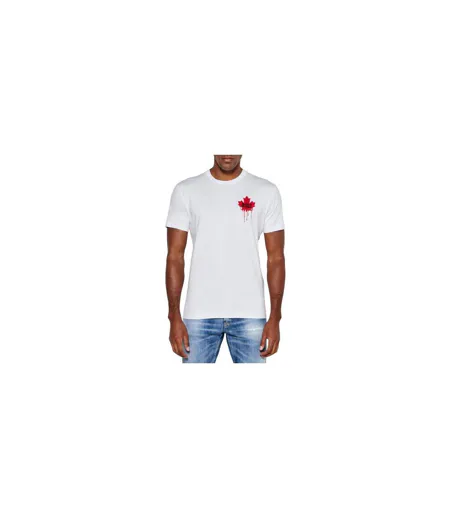 Mens Dripping Maple Leaf Cotton T-shirt Blanc DSquared2