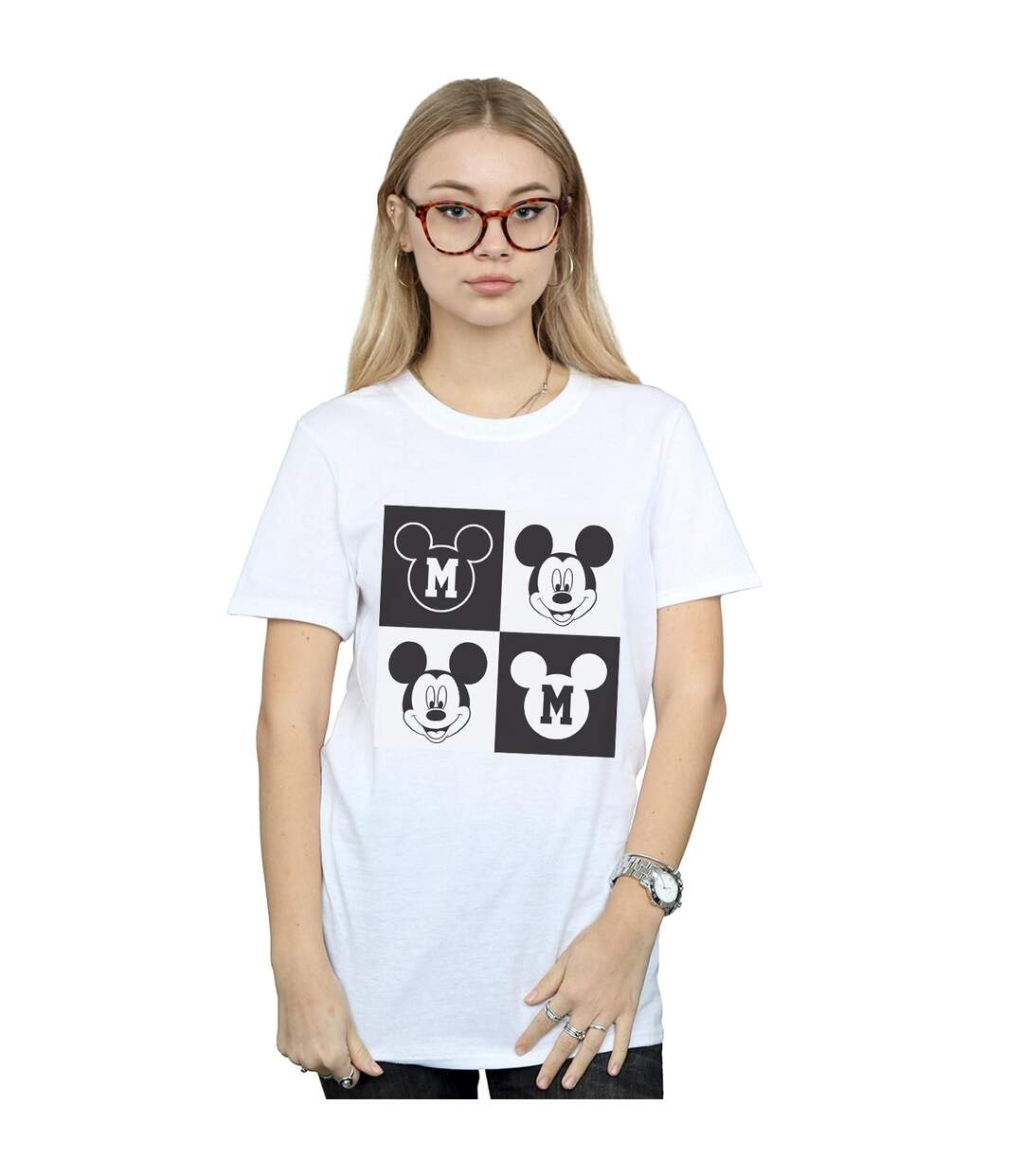 Disney Femme/Les femmes Mickey Mouse Smiling Squares Cotton Boyfriend T-Shirt (Blanc) - UTBI35998-2