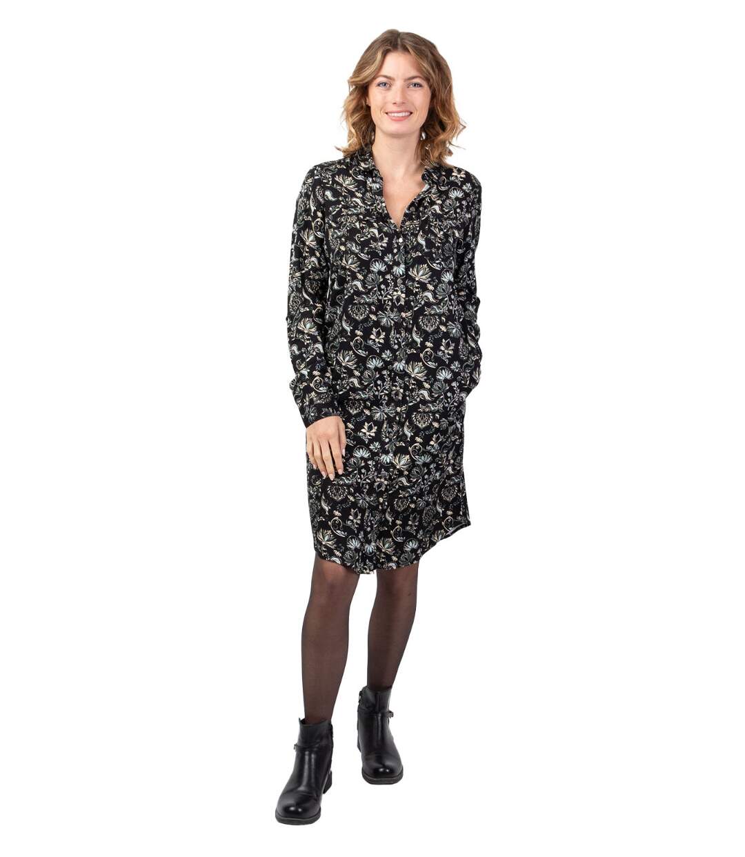 Robe midi hiver manches longues MACHA motif ethnique noir Coton Du Monde