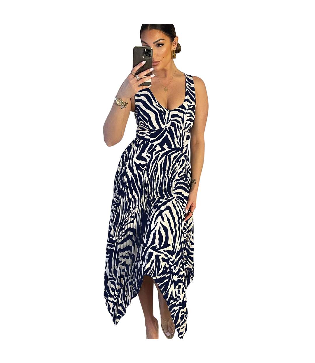 Womens/ladies Zebra Print Pleated Midi Dress Navy Cream AX Paris-2