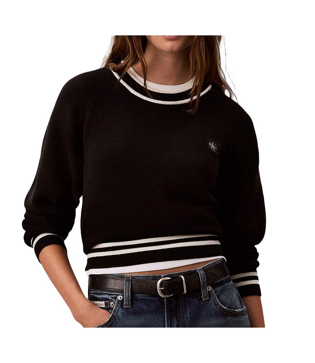 Pull noir femme calvin klein jeans woven label-1