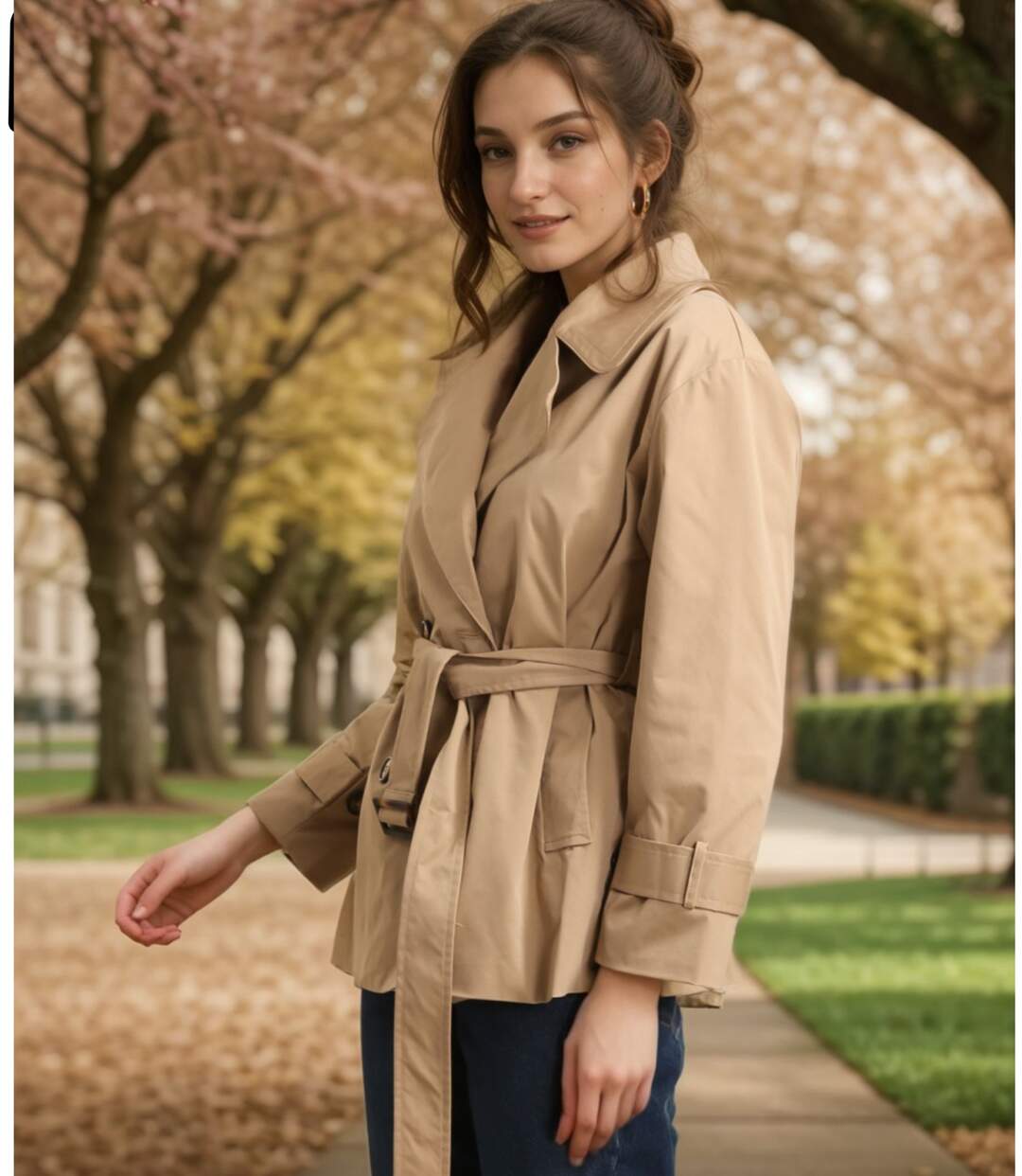 Trench Chic Femme Camel Ceinturé à  Manches Longues-4