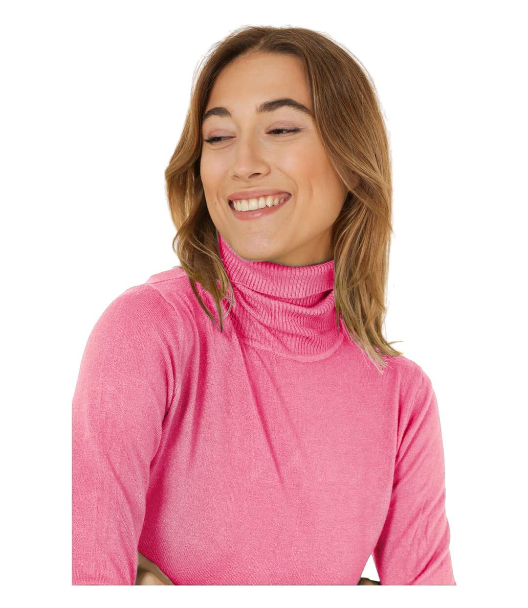 Pull femme manches longues  col roulé couleur rose.