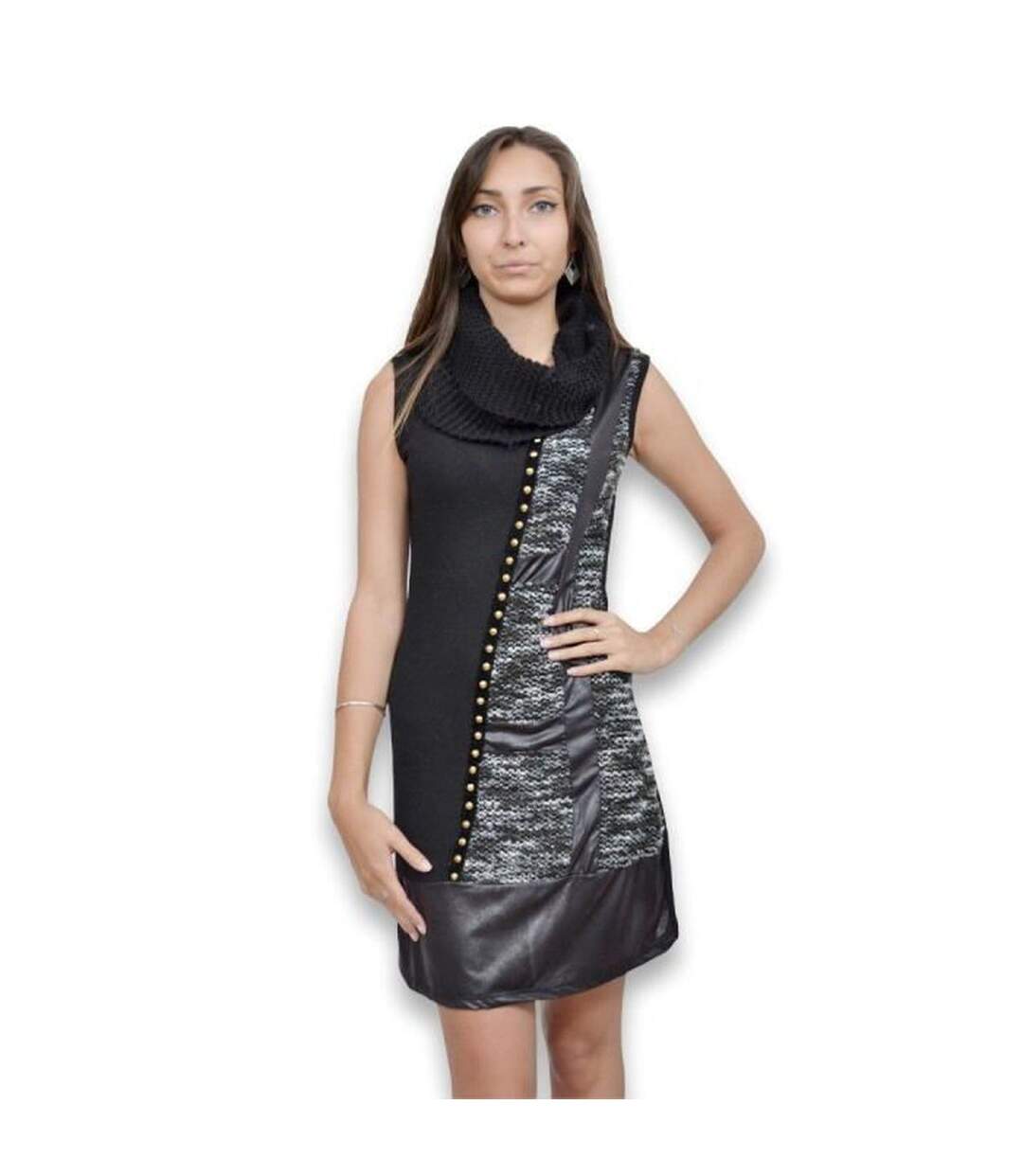 Robe femme sans manche col snood de couleur noir-1