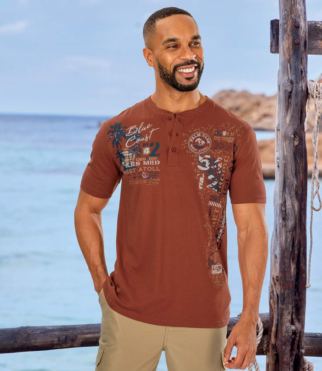 Pack of 3 Men's Printed Henley T-Shirts - Ecru Navy Brown-2