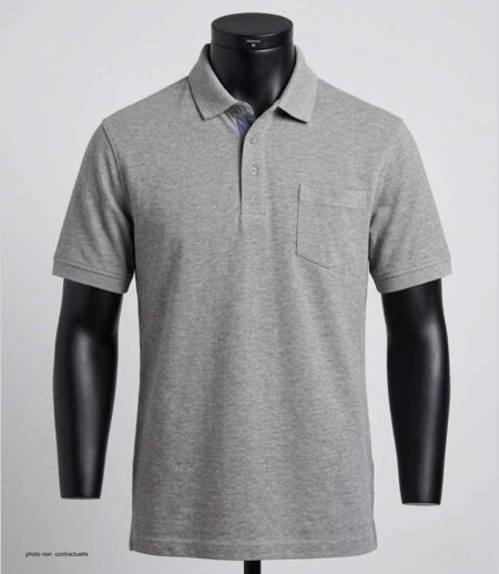 CHALLENGER RUSTICO1 : Polo manches courtes gris chiné en maille piquée 100% coton et détails chambray