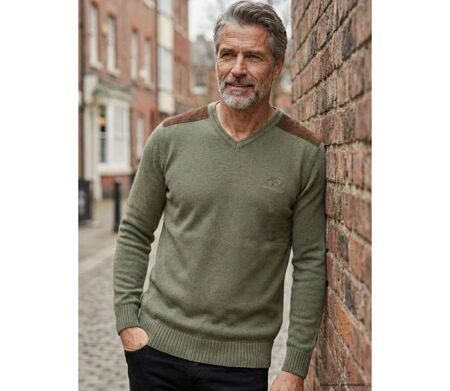 Pull Col V Homme Winchester Panel2 Vert Marine avec Renforts Suédine