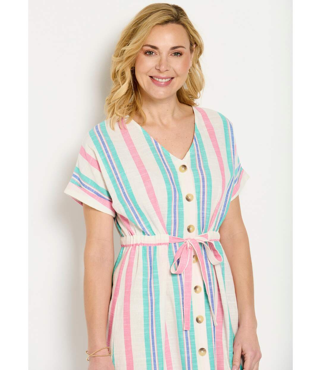 Robe courte boutonnée col V coton rayé-3
