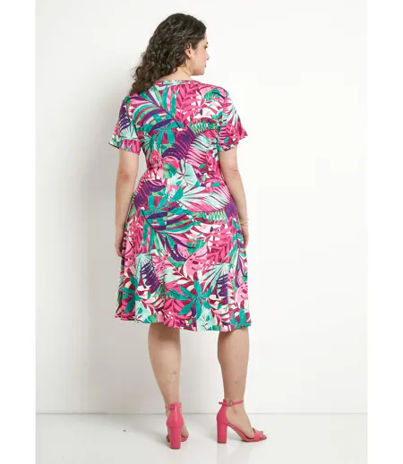 Robe courte col V imprimé exotique