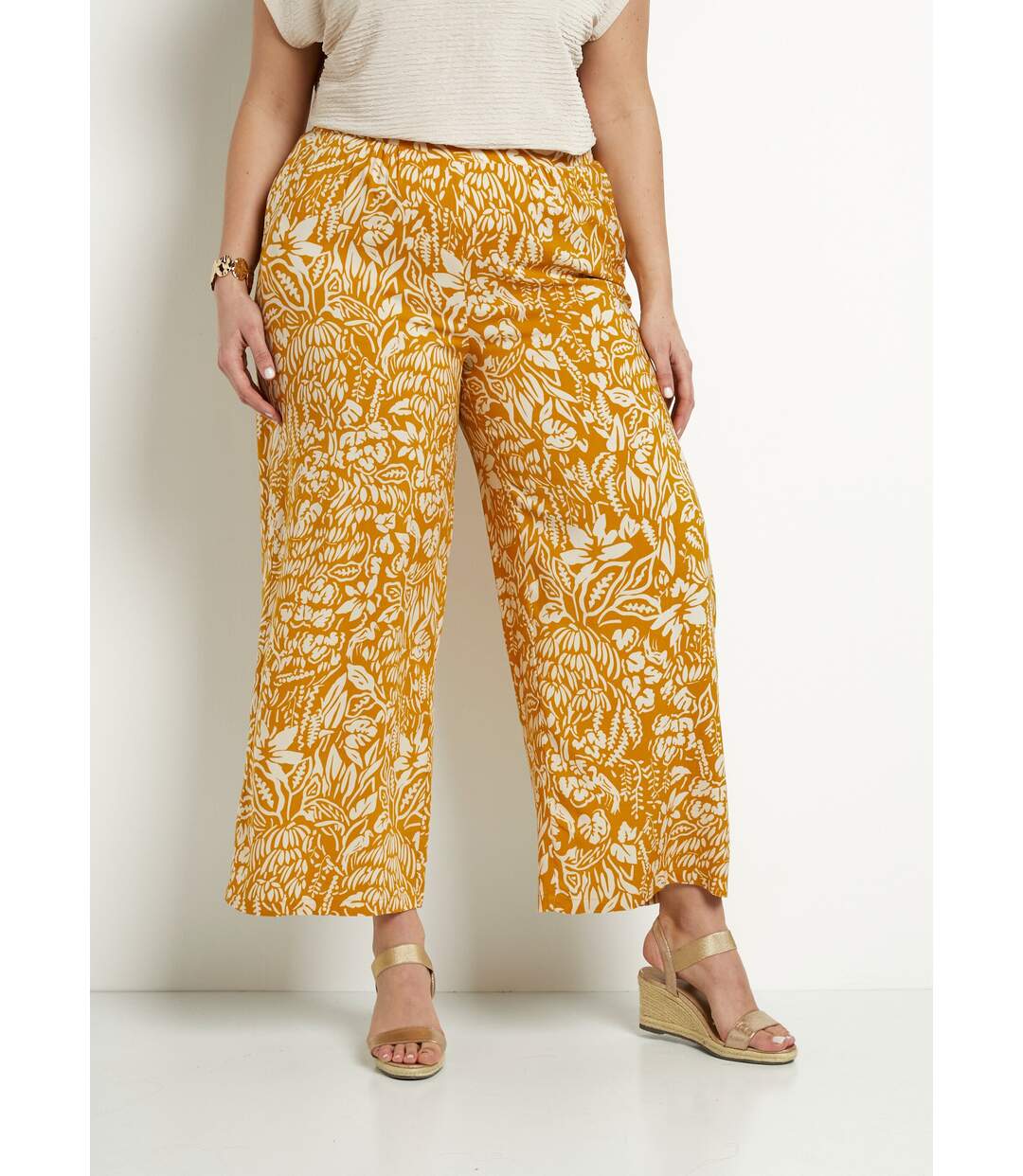 Pantalon large taille élastiquée fleuri ou uni-1