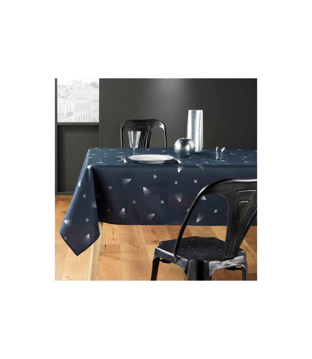 Nappe Imprimé Métallisé Sapin 150x300cm Marine & Argent-3