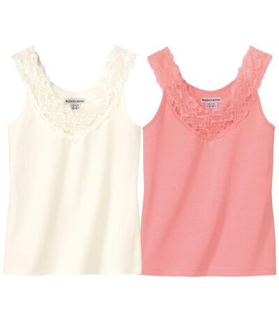 Pack of 2 Women's Lace Vest Tops - White Pink