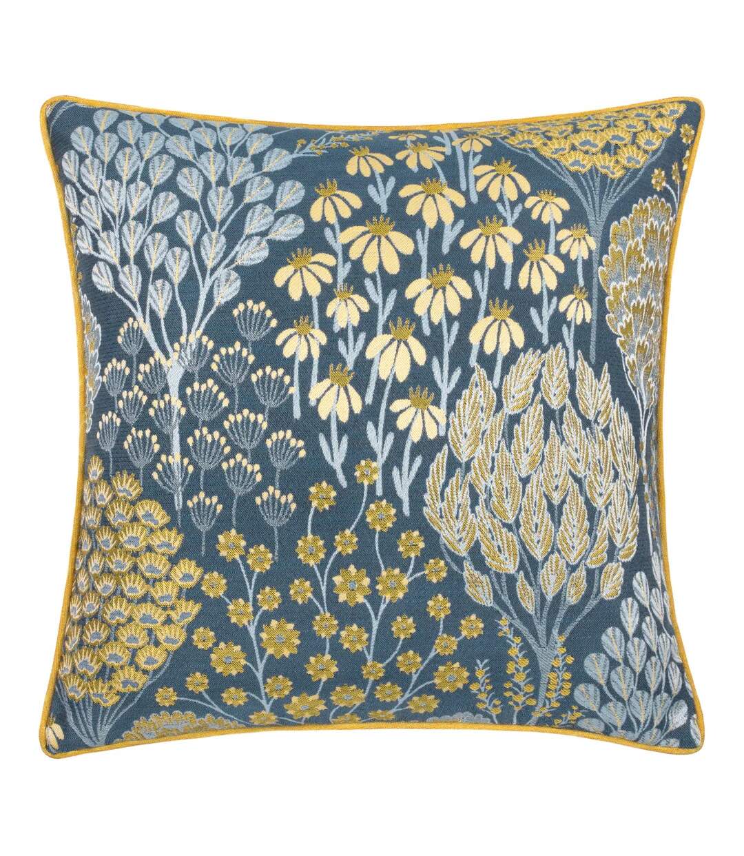 Ophelia jacquard floral cushion cover 50cm x 50cm blue/saffron Wylder-1