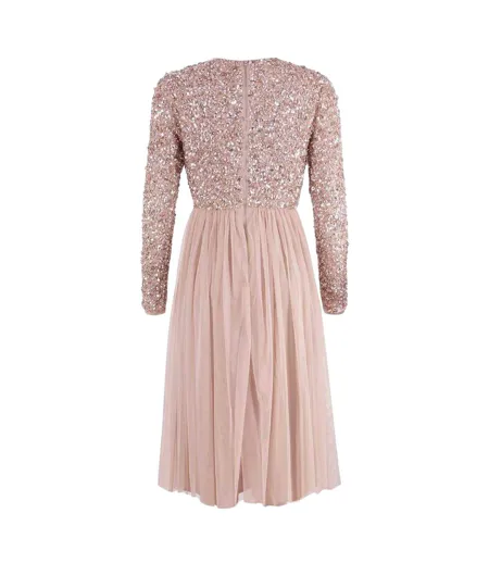 Womens/ladies V Neck Long-sleeved Wrap Dress Pale Mauve Deluxe