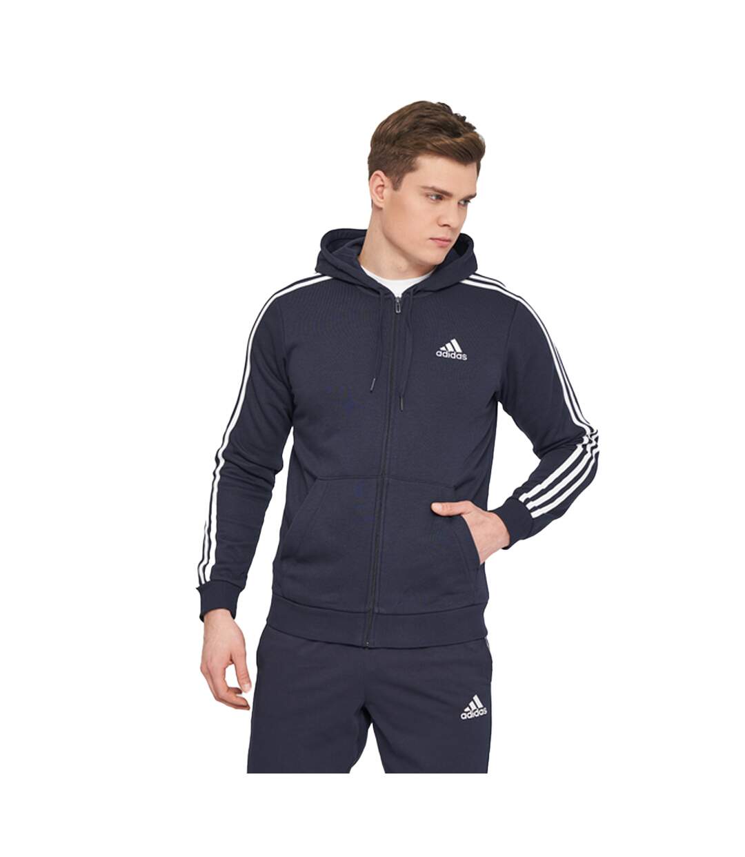 Mens Essentials 3 Stripes Full Zip Hoodie Inkwell Adidas-3
