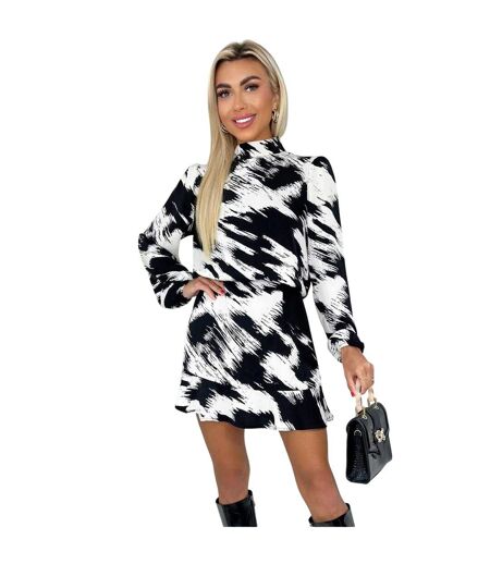 Womens/ladies Brush Stroke Polyester Long-sleeved Skater Dress Black White AX Paris