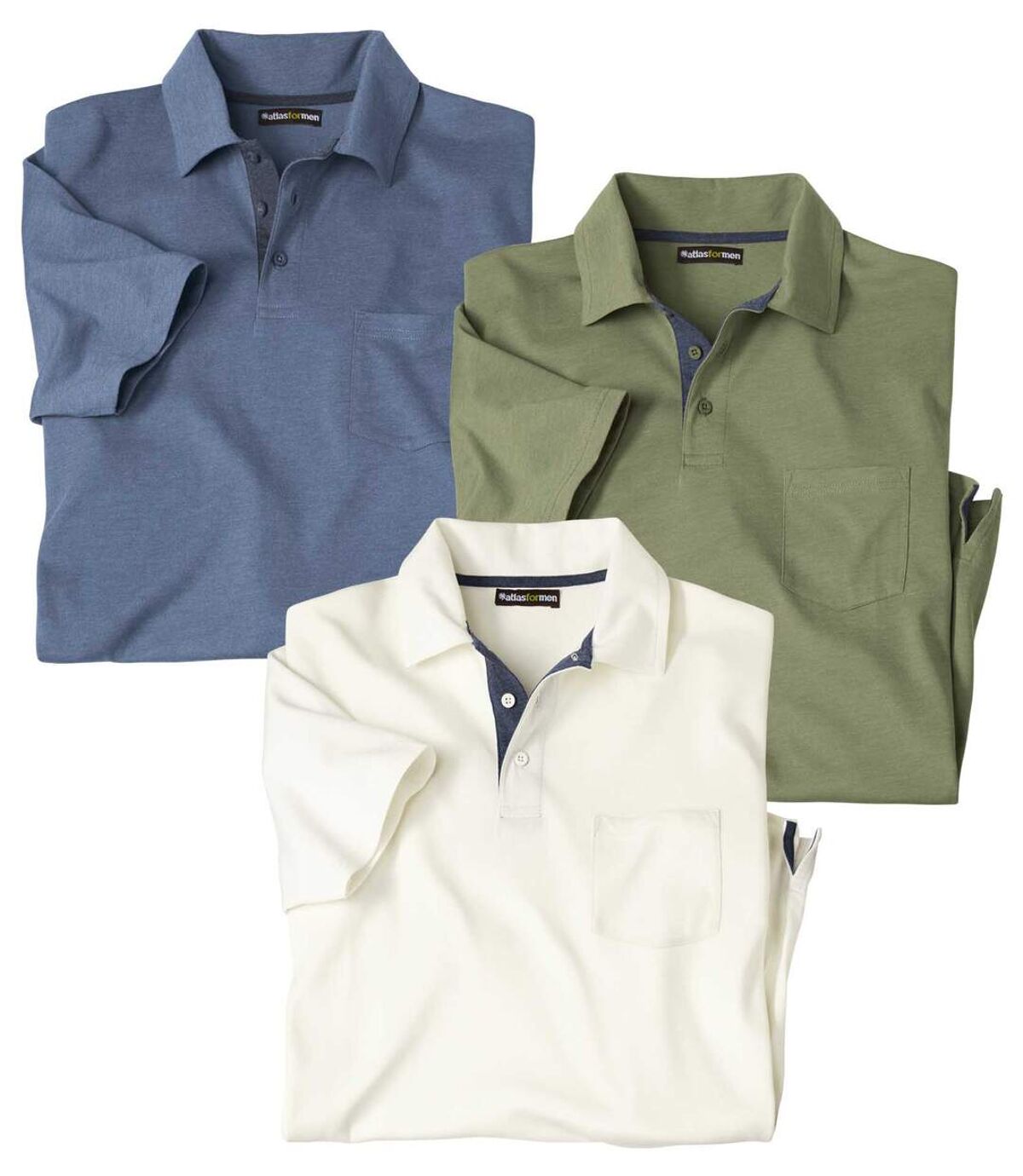 Pack of 3 Men's Jersey Polo Shirts - Blue Ecru Khaki Atlas For Men