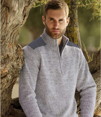 Men's Gray Knitted Funnel Neck Sweater