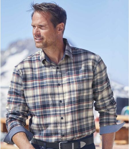 Men's Checked Flannel Shirt with Chambray Details - Blue Ecru