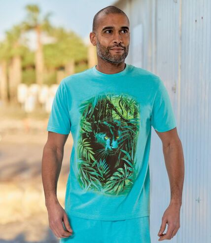 Men's Panther Print Pajama Short Set - Turquoise 
