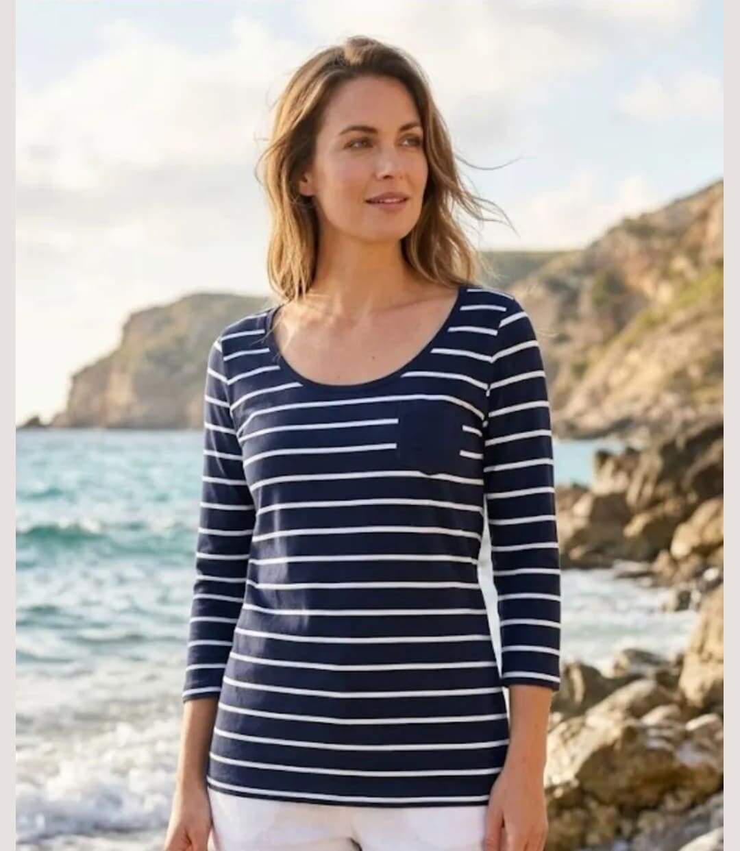 MAYFLOWER DARCY1 - Tee-shirt manches 3/4 marine à rayures blanches : le chic marin stretch-1