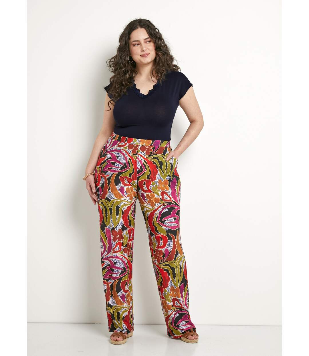 Pantalon large taille élastiquée imprimé-3