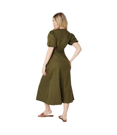 Womens/ladies button-down puff sleeve midi dress khaki green Dorothy Perkins