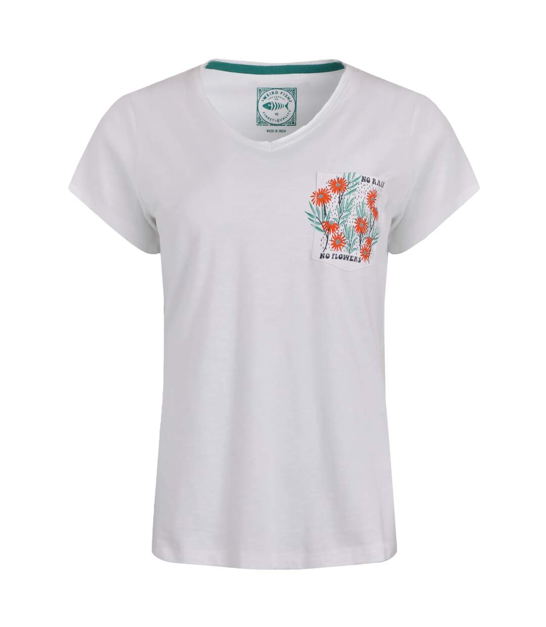 Womens/ladies no rain no flowers slub pocket t-shirt white Weird Fish-1