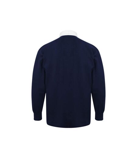Long Sleeve Classic Rugby Polo Shirt Navy White Front Row