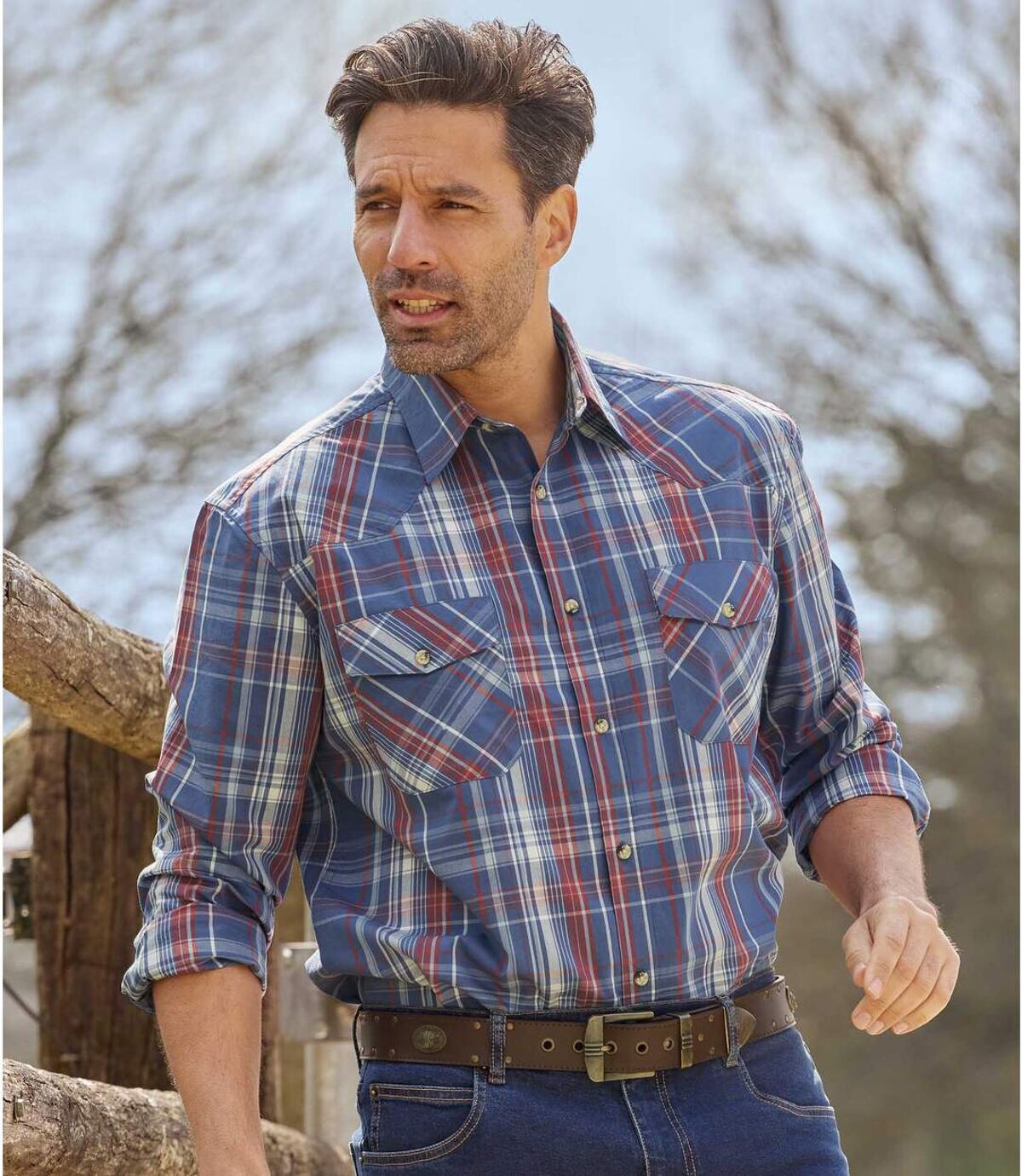 Men's Blue Checked Poplin Shirt Atlas For Men