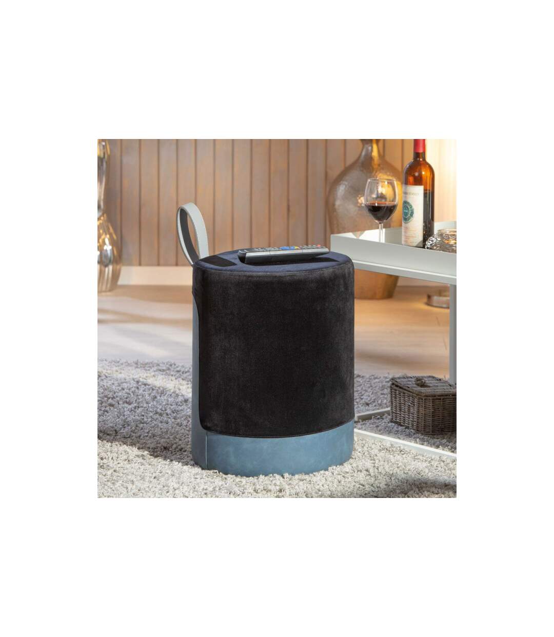 Pouf Design en Velours à Poignée Laly 43cm Noir-3