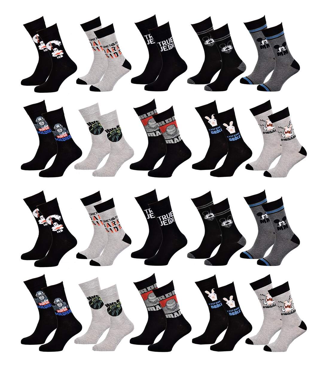 Pack de Chaussettes Adulte Licence Fantaisies-Assortiment modèles photos selon arrivages- Pack de 20 Paires homme Licence Mix