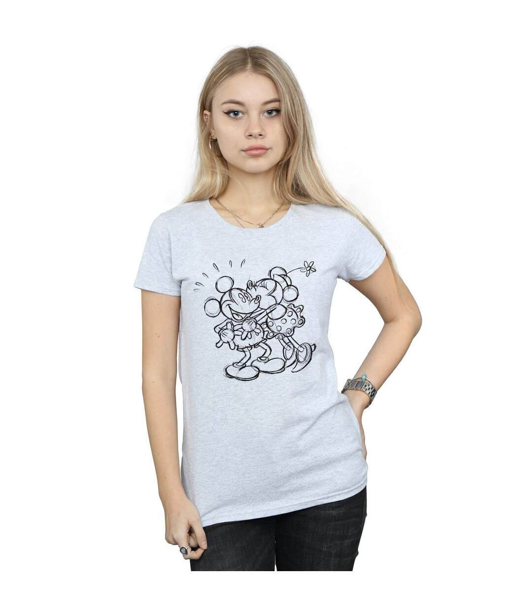 Disney T-shirt en coton Mickey et Minnie Mouse Kiss Sketch - Femmes/Ladies (Gris sportif) - UTBI30985-2