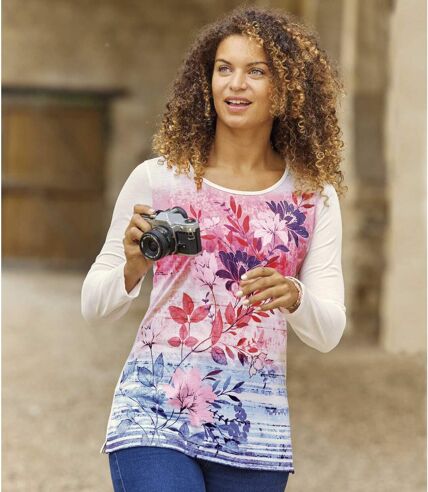 Women's Watercolor Print Top - Off-White Pink Blue