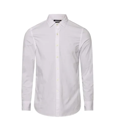 Mens Slim Long-sleeved Button-down Shirt White Replay
