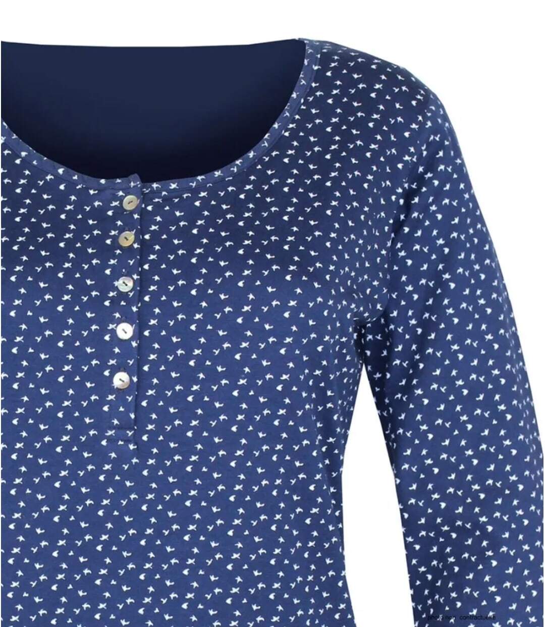 MAYFLOWER NOBEL3 : Tee-shirt manches longues bleu imprimé avec col rond boutonné-4