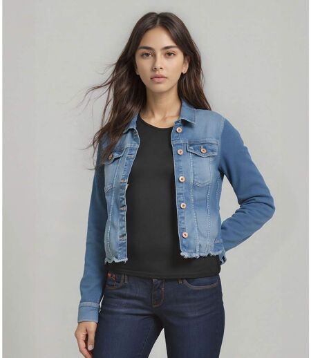 Veste en Jean Femme à  Manches Longues - Modèle Court avec Poches Rabattables
