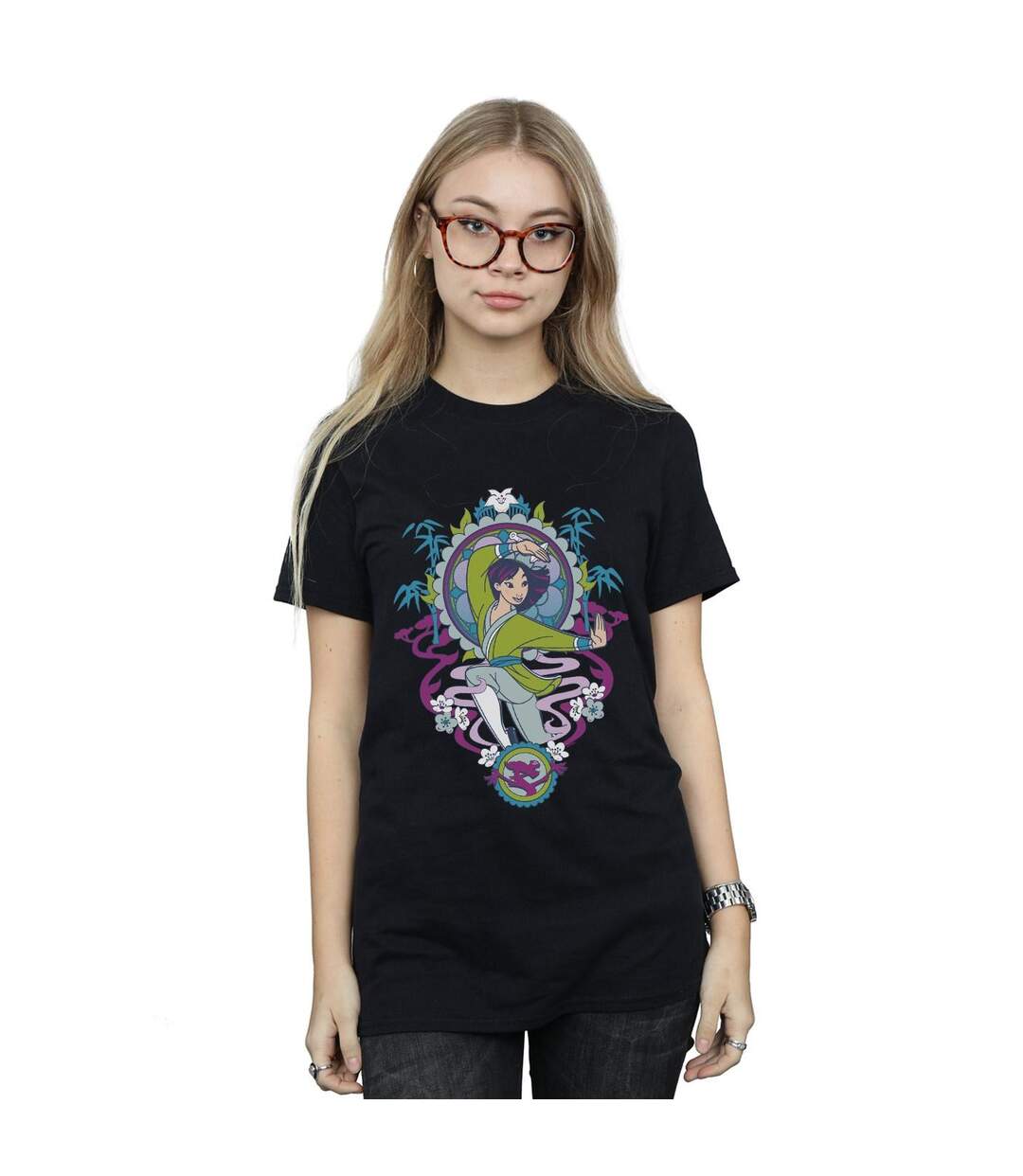 Disney Femme/Les femmes Mulan Ornamental Cotton Boyfriend T-Shirt (Noir) - UTBI49646-2