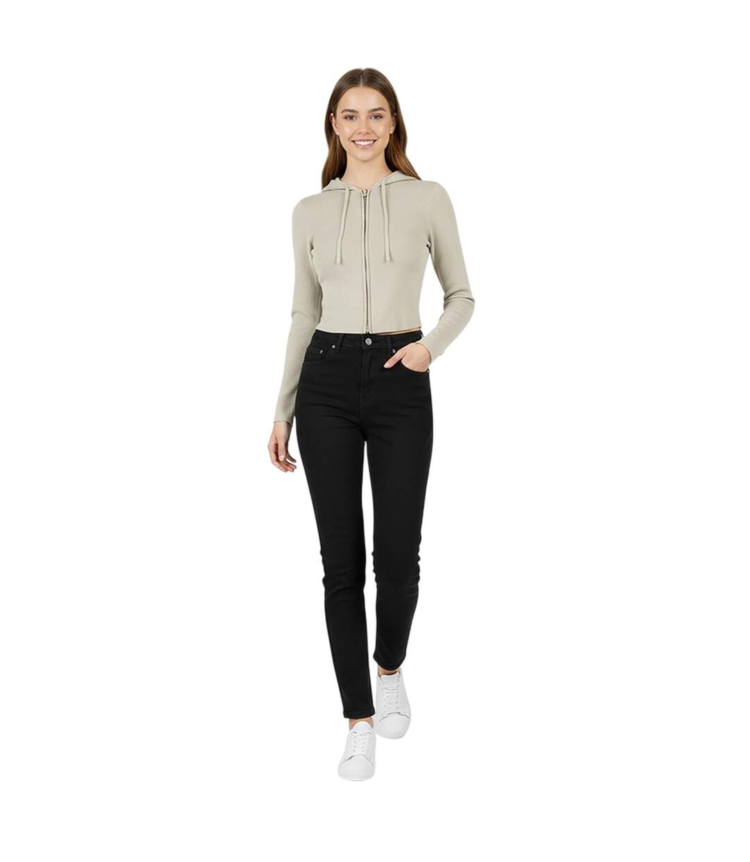 Womens/ladies Knitted Cropped Full Zip Hoodie Stone Jack Wills-1