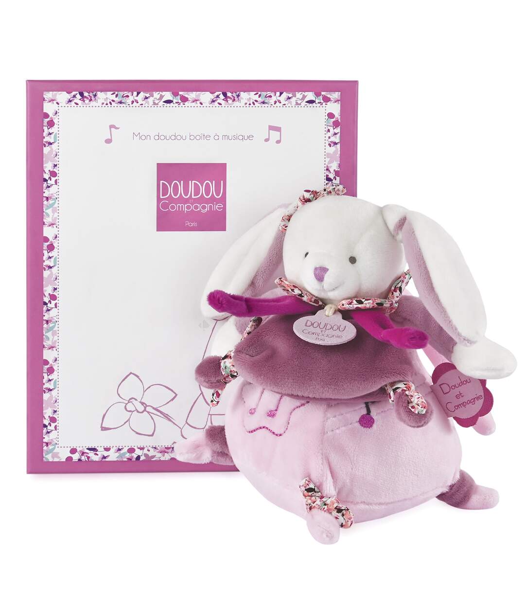 Doudou boîte à musique lapin 17 cm collection LAPIN CERISE rose-2