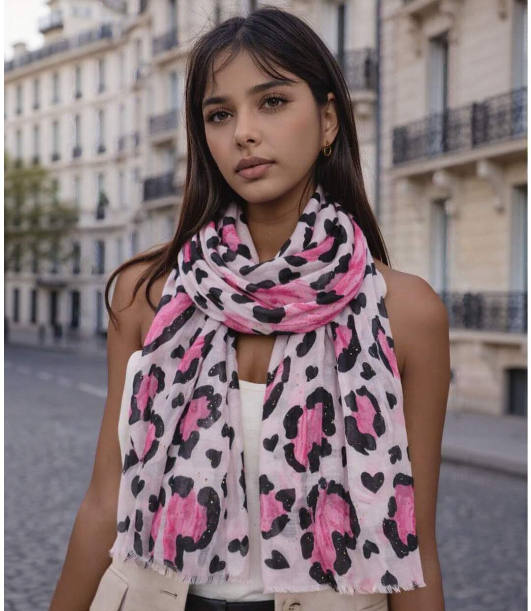 Foulard léger coeur léopard avec dorure pour femme - Couleur rose-3