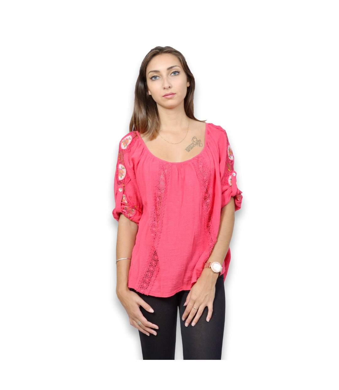 Blouse femme manche 3/4 -Top de couleur fushia-1