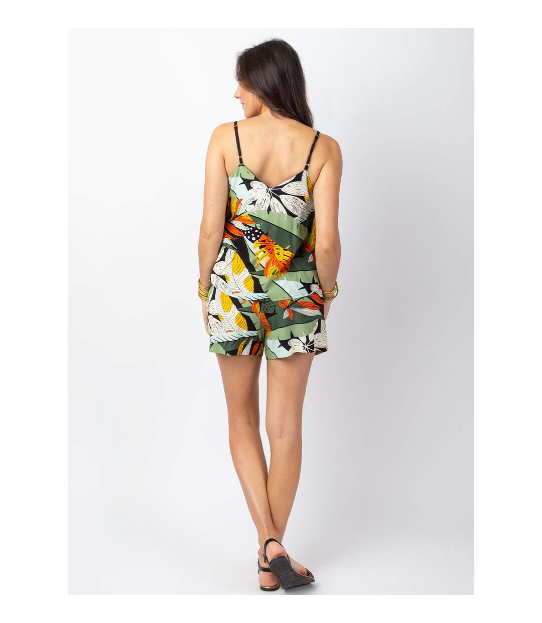 Combi-short fines bretelles VANINA imprimé feuilles tropicales Coton Du Monde-4