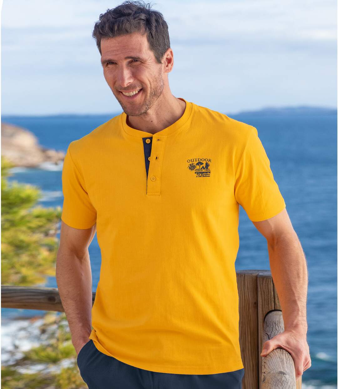 Pack of 3 Men's Henley T-Shirts - Khaki Yellow Navy-5