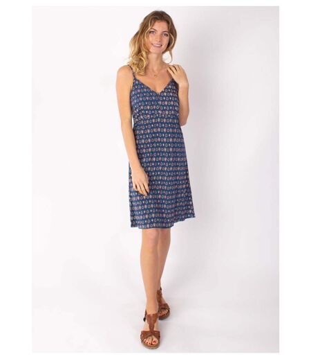 Robe courte fines bretelles BEA motif ethnique bleu Coton Du Monde