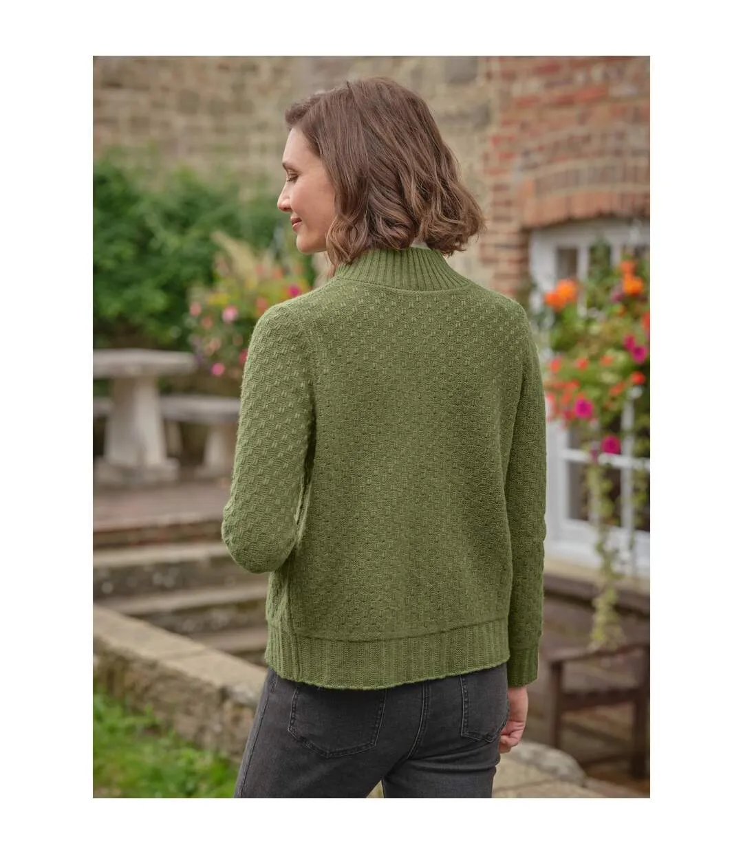 Womens/ladies Button Funnel Neck Cardigan Khaki Green WoolOvers-1